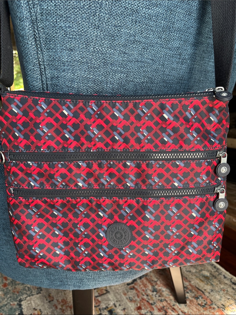 Kipling Spacious many pockets! Red and Black Patterned Triple-Zip Crossbody - Picture 2 of 11